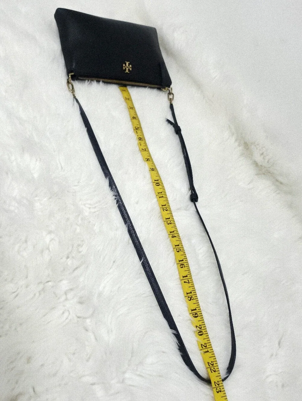Tory Burch Black Pebbled Leather Crossbody Bag Gold Logo Adjustable Strap